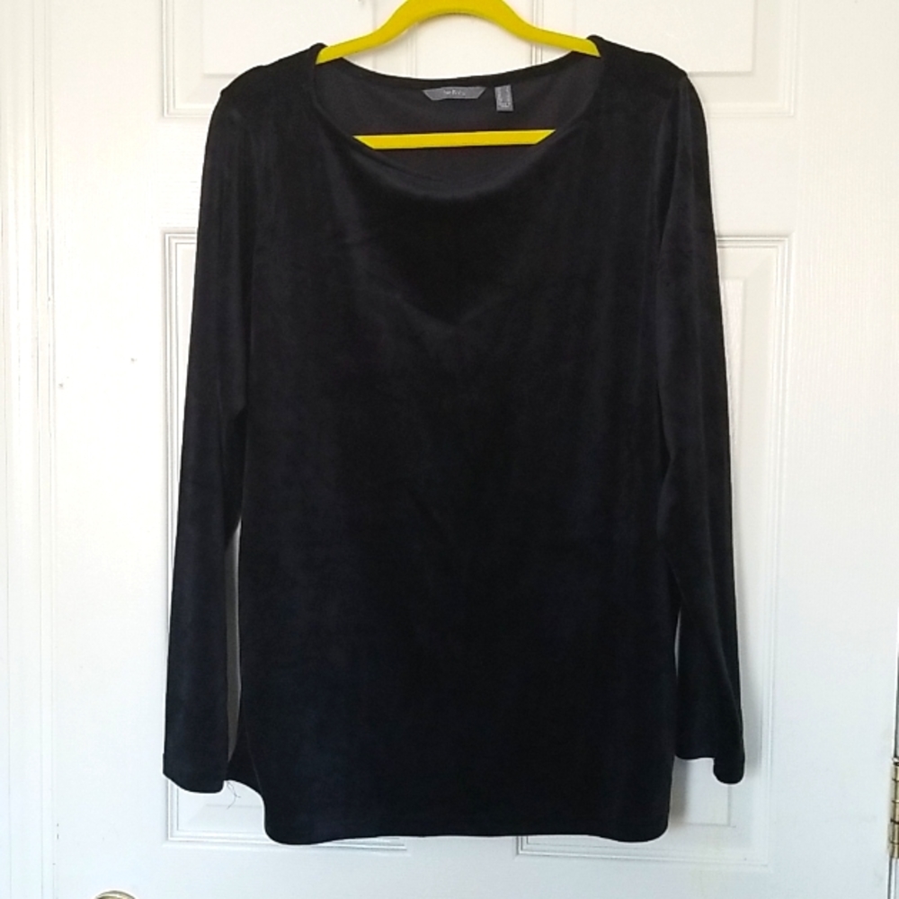 Blue navy velvet Tunic, long sleeves, stretch, Women size L, 52" bust, New